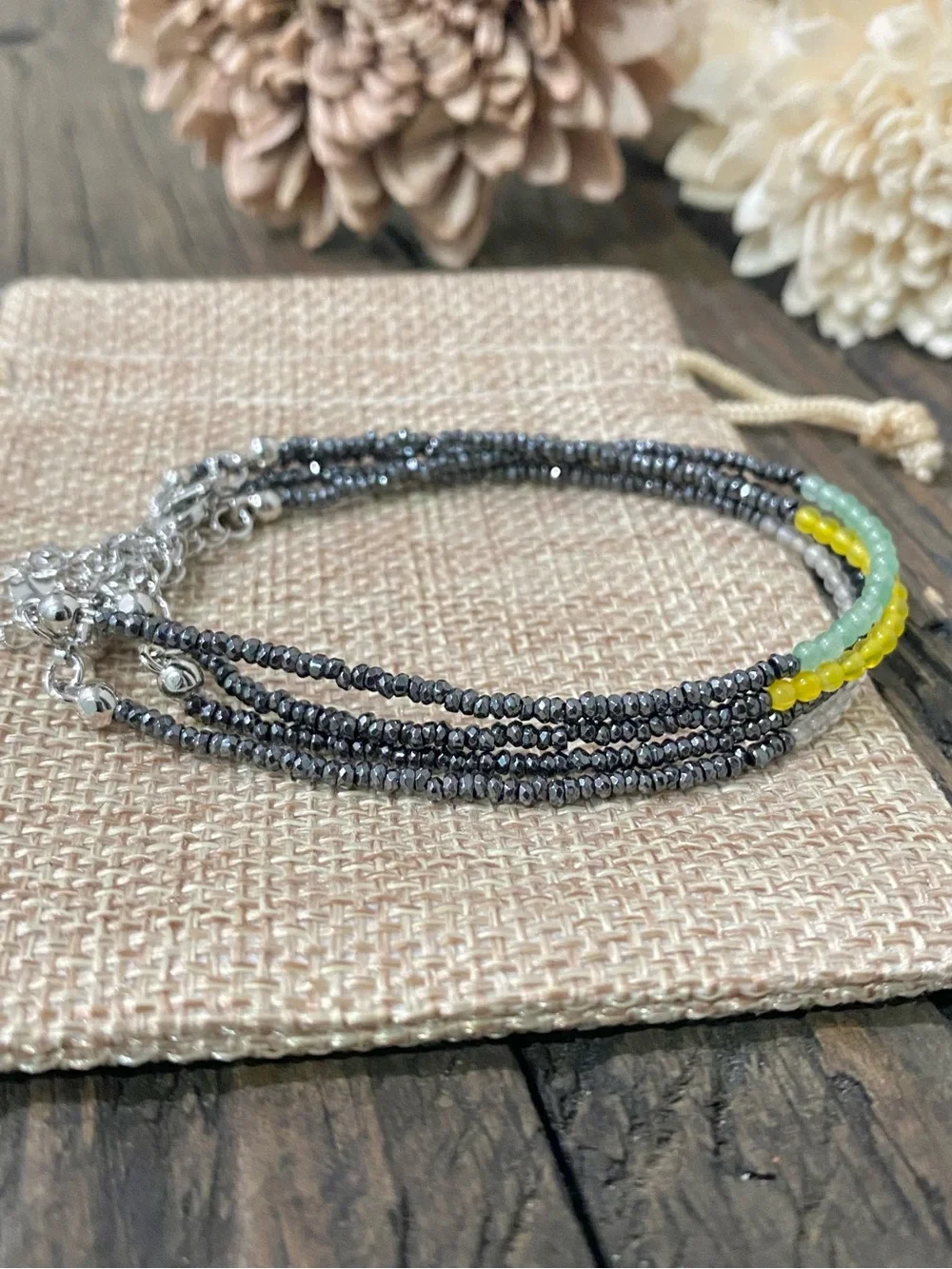 Dainty Chain Bracelet, Tiny Hematite & Onyx beads, 18k Gold Filled Chain